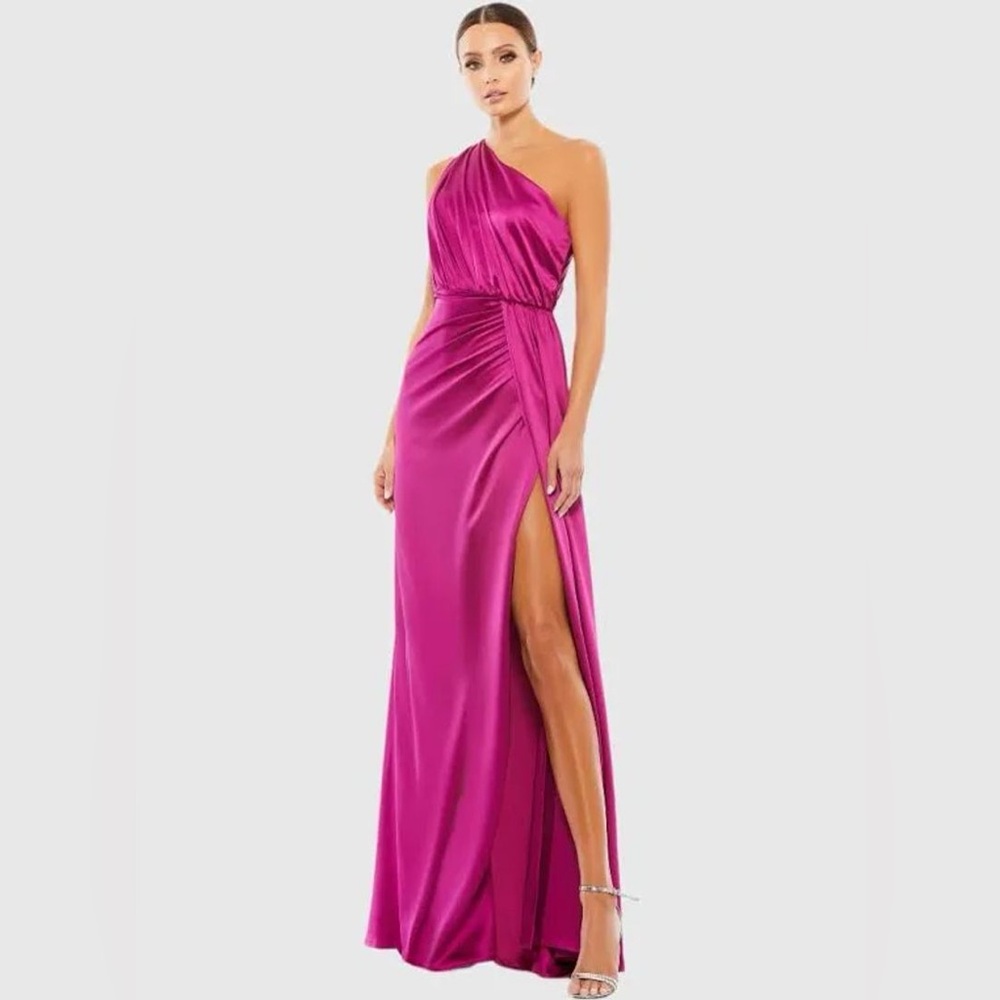 IEENA FOR MAC DUGGAL Gathered One Shoulder Satin Faux Wrap Gown